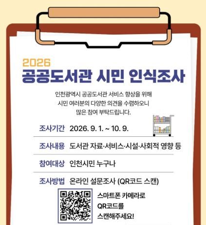 인천도서관, “시민의 목소리로 만들어가는 도서관”… 공공도서관 시민 인식조사 추진